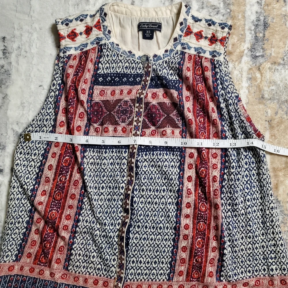 Lucky Brand Sleeveless boho button down tank Navy Blue and Red Size XS - Picture 8 of 15